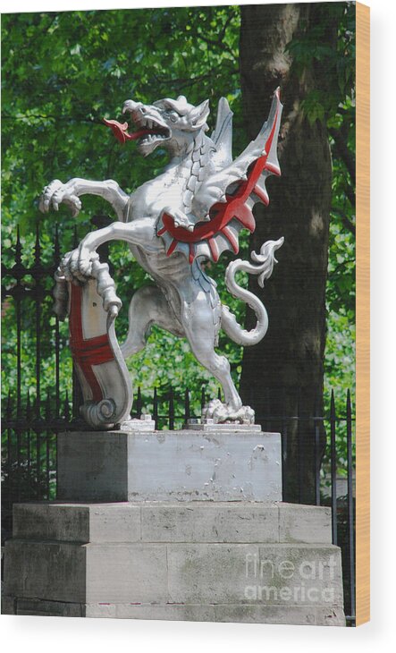Dragon Sculpture St George Shield London Wood Print featuring the photograph Dragon with St George shield by Richard Gibb