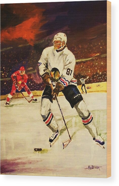 Hockey Wood Print featuring the painting Drama on Ice by Al Brown