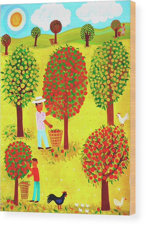 Abundance Wood Print featuring the photograph Family Picking Apples In Orchard by Ikon Ikon Images