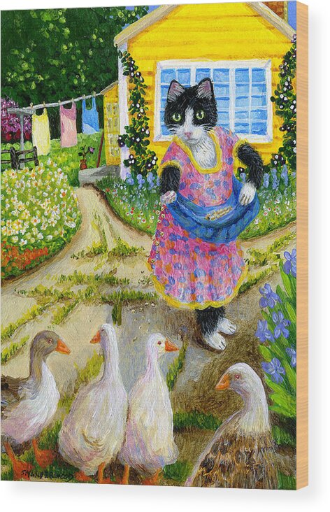 Cat Wood Print featuring the painting Feeding the Geese by Jacquelin L Westerman