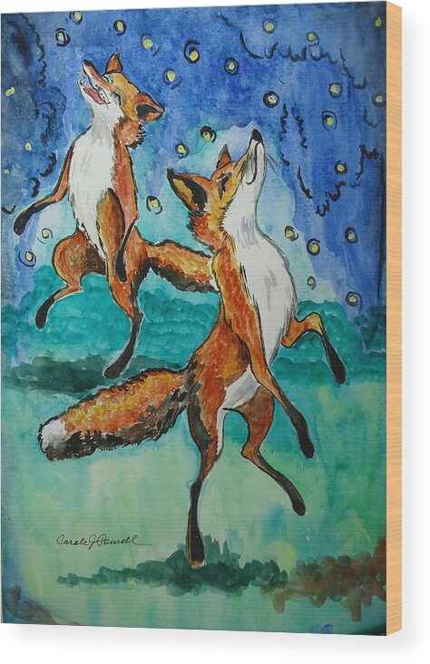 Foxes Wood Print featuring the painting Foxes and Fireflies by Carole Powell