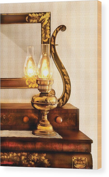 Savad Wood Print featuring the photograph Furniture - Lamp - The bureau and lantern by Mike Savad