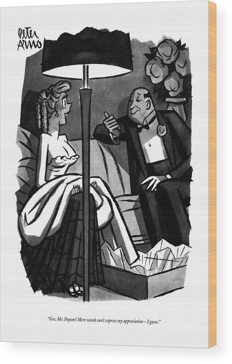 
(girl Has Just Received A Fur Coat From A Sugar Daddy.) Artkey 51307 Wood Print featuring the drawing Gee, Mr. Payson! Mere Words Can't Express by Peter Arno