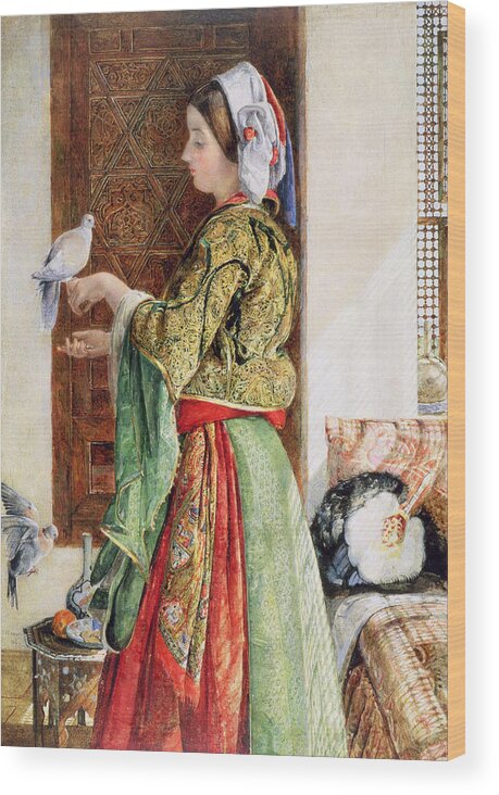 Girl With Two Caged Doves Wood Print featuring the painting Girl With Two Caged Doves, Cairo, 1864 by John Frederick Lewis