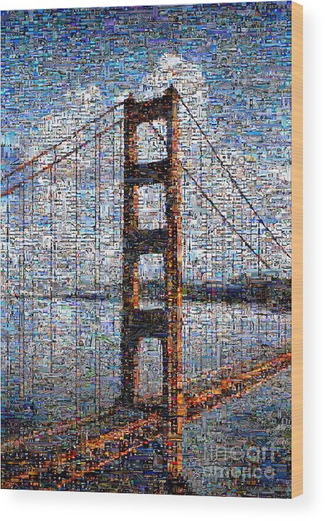 Photo Mosaic Wood Print featuring the digital art Golden Gate Bridge Mosaic by Wernher Krutein