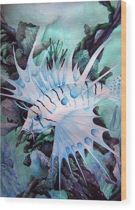Lion Fish Wood Print featuring the painting Green Lionfish by William Love