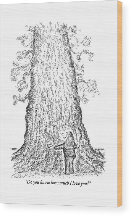 Trees Wood Print featuring the drawing Guy Hugging A Giant Tree And Speaks To It by Edward Koren