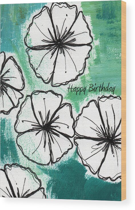 Petunias Wood Print featuring the painting Happy Birthday- Floral Birthday Card by Linda Woods