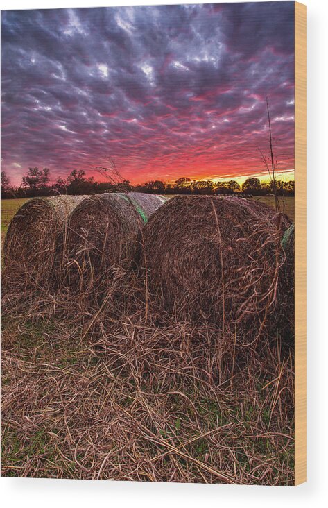 Hay Wood Print featuring the photograph Hay Bale Sunset by Micah Goff
