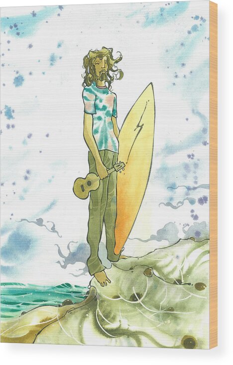 Fine Art Wood Print featuring the painting Hippy Surf by Harry Holiday