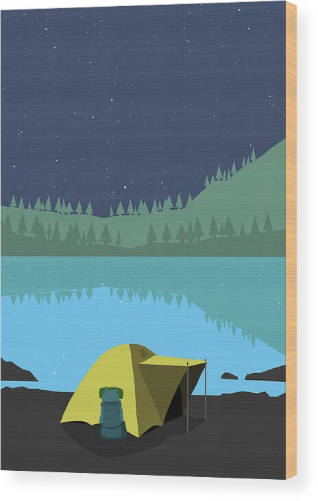 Tranquility Wood Print featuring the digital art Illustration Of Tent At Lakeshore by Malte Mueller
