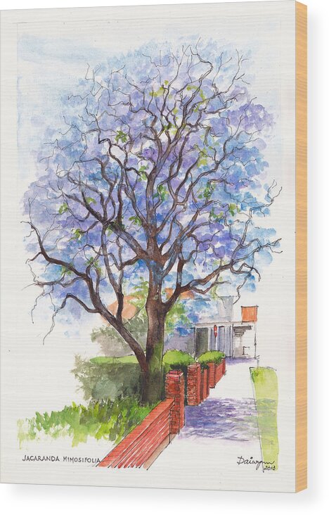 Tree Wood Print featuring the painting Jacaranda Tree at Christmas Time by Dai Wynn