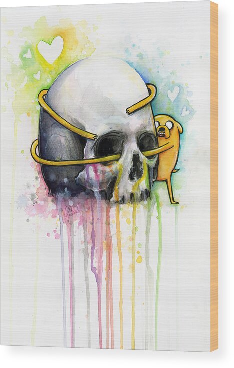 Adventure Time Wood Print featuring the painting Jake the Dog Hugging Skull Adventure Time Art by Olga Shvartsur