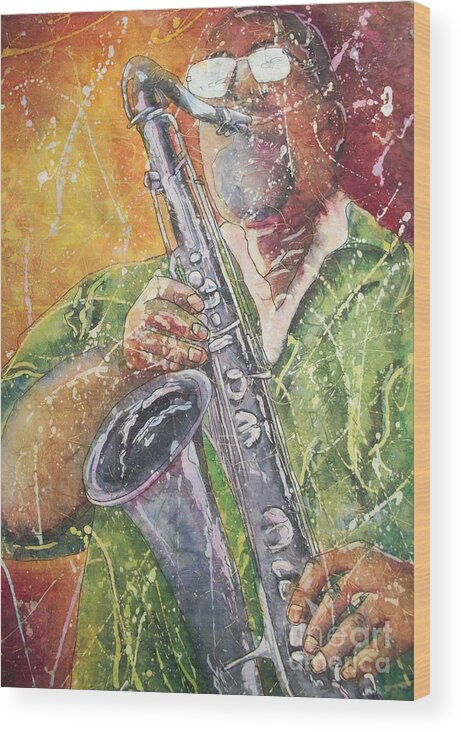 Saxophone Wood Print featuring the painting Jazz Bliss by Carol Losinski Naylor