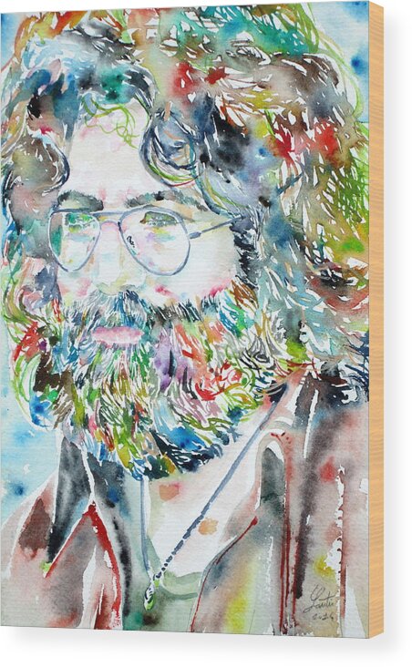 Jerry Wood Print featuring the painting JERRY GARCIA watercolor portrait.2 by Fabrizio Cassetta