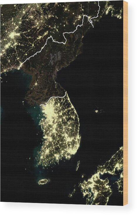 21st Century Wood Print featuring the photograph Korean Peninsula At Night by Planetobserver