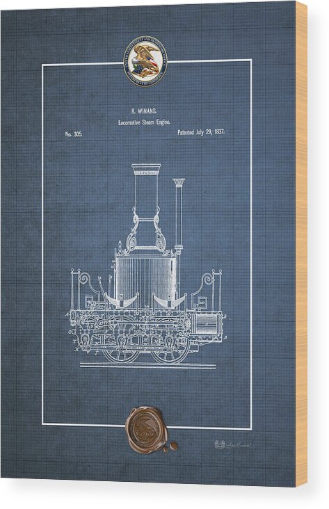 C7 Vintage Patents And Blueprints Wood Print featuring the digital art Locomotive Steam Engine Vintage Patent Blueprint by Serge Averbukh