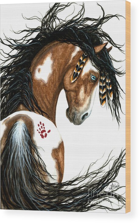Majestic Wild Horses Native American Indian Bihrle Painted Pony Pinto Stallion Mm106 Wood Print featuring the painting Majestic Horse #106 by AmyLyn Bihrle