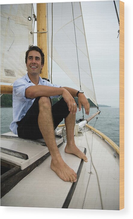 Bay Wood Print featuring the photograph Man Smiling On Sailboat, Casco Bay by Peter Dennen
