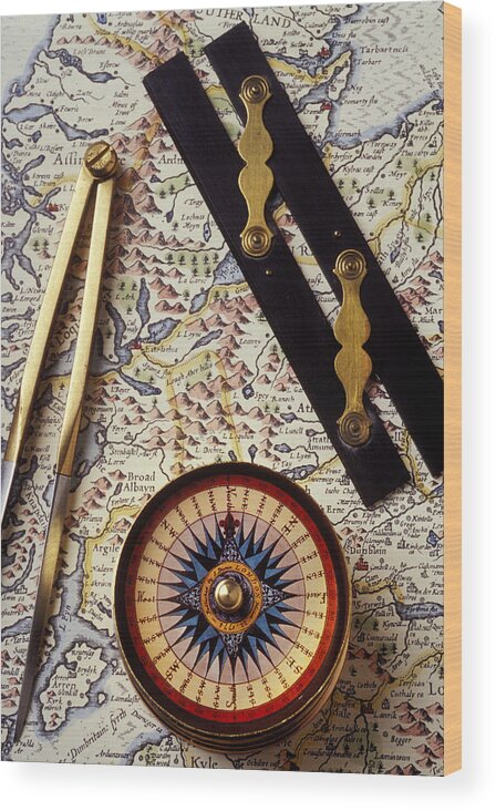 Compass Wood Print featuring the photograph Map with compass tools by Garry Gay