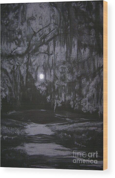 Landscape Of A Moonlit Path Through The Trees Wood Print featuring the drawing Memory Lane I by Mary Lynne Powers