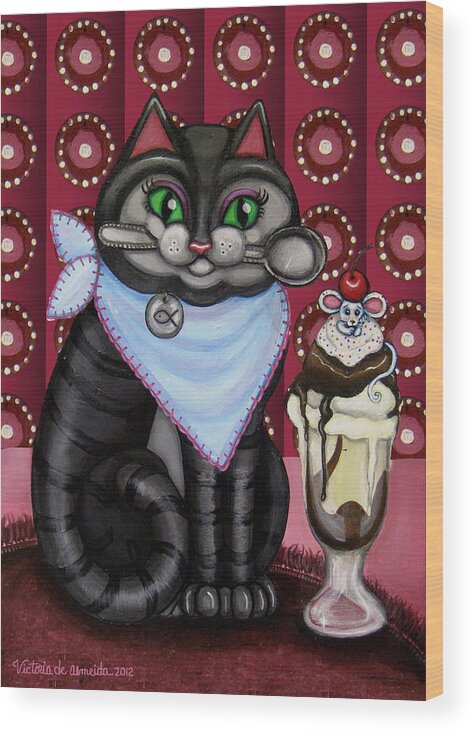 Cat Wood Print featuring the painting Mice Cream by Victoria De Almeida