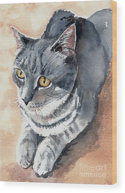 Watercolor Wood Print featuring the painting Misty Taking Over My Desk by Lynn Babineau