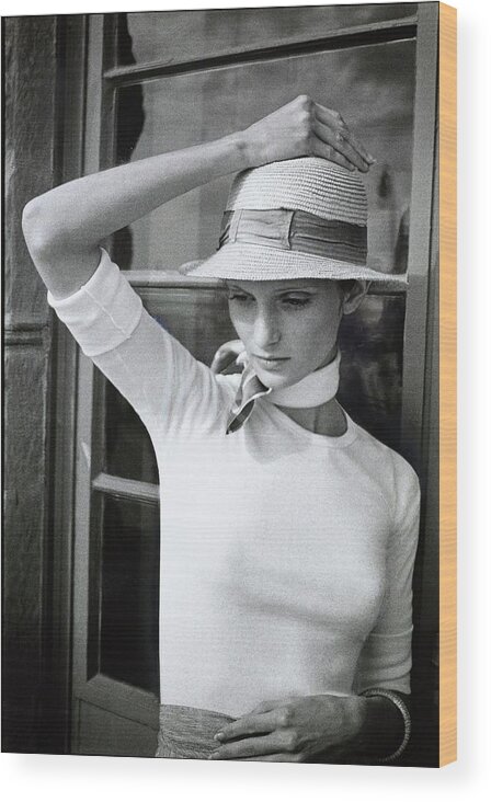 Accessories Wood Print featuring the photograph Model In Straw Hat And Knit Shirt by Barbara Bersell