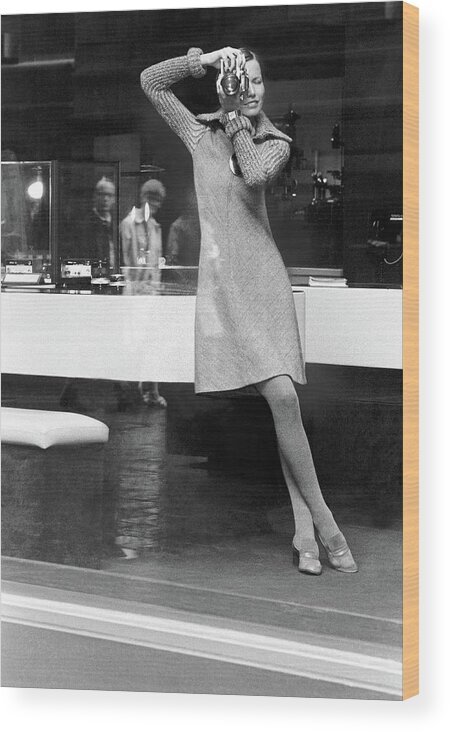 Fashion Wood Print featuring the photograph Model Wearing A Stan Herman Dress Taking by Kourken Pakchanian