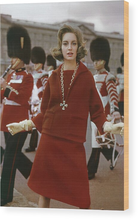 Outdoors Wood Print featuring the photograph Model Wearing A Wool Outfit At Buckingham Palace by Frances McLaughlin-Gill