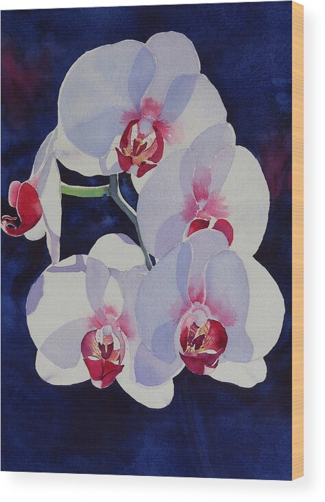 White Orchids On Deep Blue Background Wood Print featuring the painting Moolight Dance by Judy Mercer