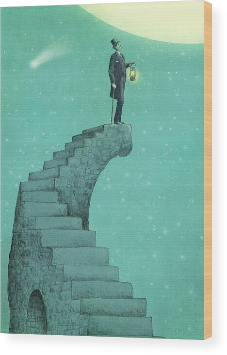 Moon Vintage Victorian Blue Green Stars Comet Top Hat Steps Staircase Astronomy Surreal Whimsical Dream Wood Print featuring the drawing Moon Steps by Eric Fan