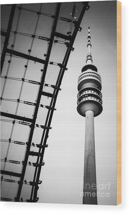 Architecture Wood Print featuring the photograph Munich - Olympiaturm And The Roof - Bw by Hannes Cmarits