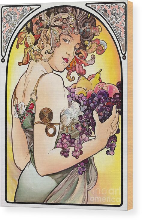 Youth Wood Print featuring the painting My Acrylic Painting As An Interpretation Of The Famous Artwork by Alphonse Mucha - Fruit by Elena Daniel Yakubovich