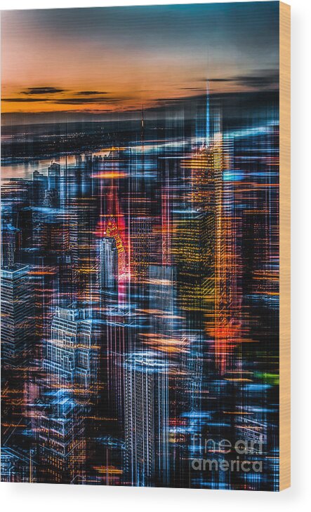 Nyc Wood Print featuring the photograph New York- the night awakes - orange by Hannes Cmarits