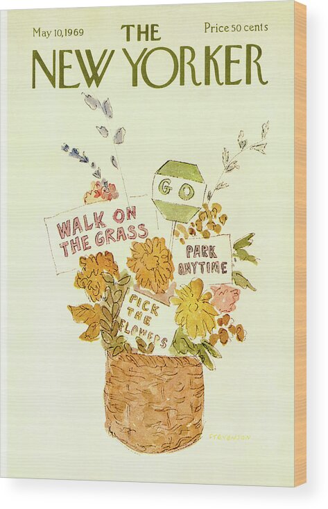  Walk On The Grass Wood Print featuring the painting New Yorker May 10th, 1969 by James Stevenson