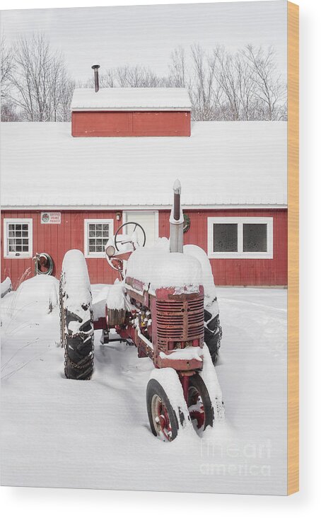 Big Wood Print featuring the photograph Old red tractor in front of classic sugar shack by Edward Fielding