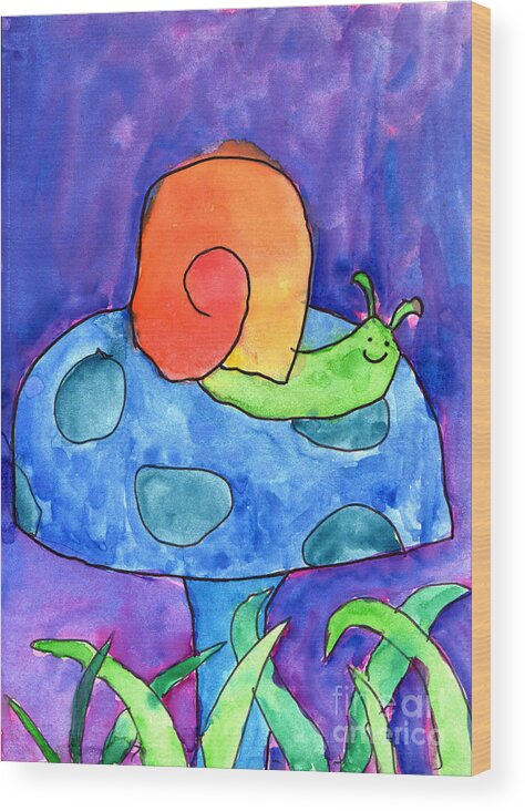 Snail Wood Print featuring the painting Orange Snail by Nick Abrams Age Twelve