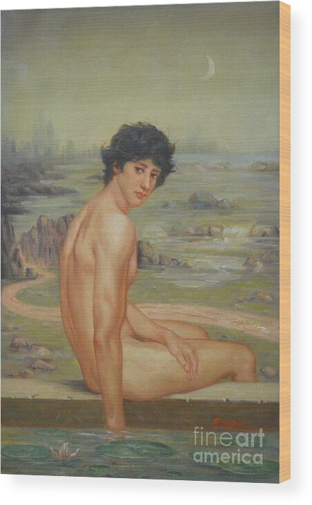 Original Wood Print featuring the painting Original Classic Oil Painting Boy Body Art Male Nude Lotus #16-2-4-01 by Hongtao Huang