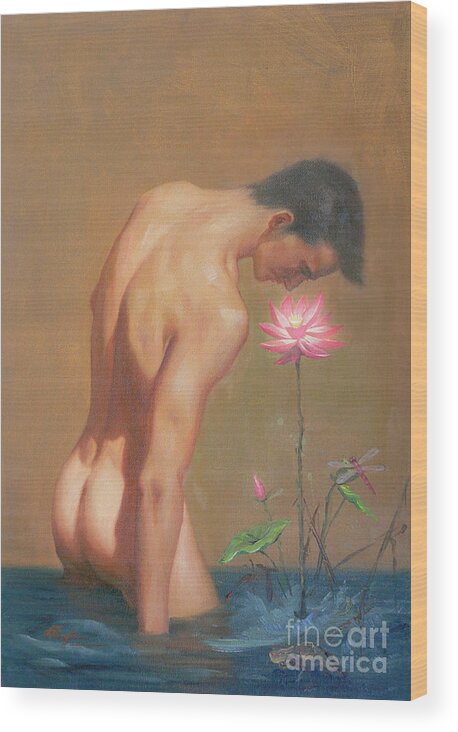 Original Wood Print featuring the painting Original Oil Painting Man Body Art-male Nude And Lotus#16-2-1-01 by Hongtao Huang