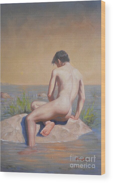 Original. Oil Painting Wood Print featuring the painting Original Young Man Body Oil Painting Gay Art Male Nude#16-2-3-04 by Hongtao Huang