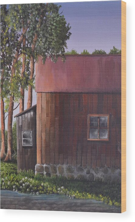 An Old Wooden Brown Barn With A Tin Roof During The Summer Time Near A Pond With Trees. Wood Print featuring the painting Otis Pond by Martin Schmidt
