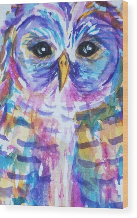 Barred Owl Wood Print featuring the painting Owl-Barred Owl-Rainbow-Close Crop by Ellen Levinson