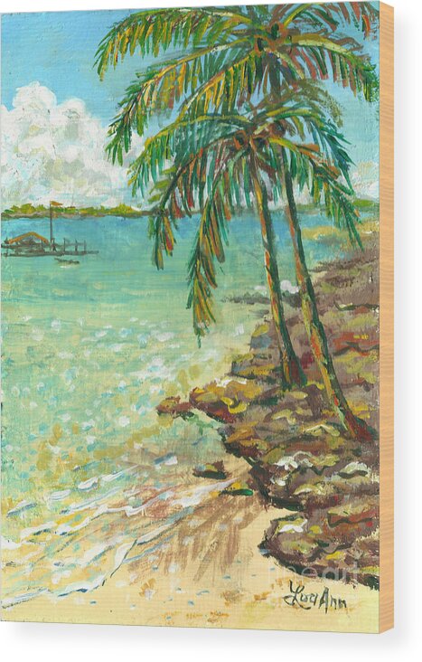 Palms On Point Of Rocks Wood Print featuring the painting Palms on Point of Rocks by Lou Ann Bagnall