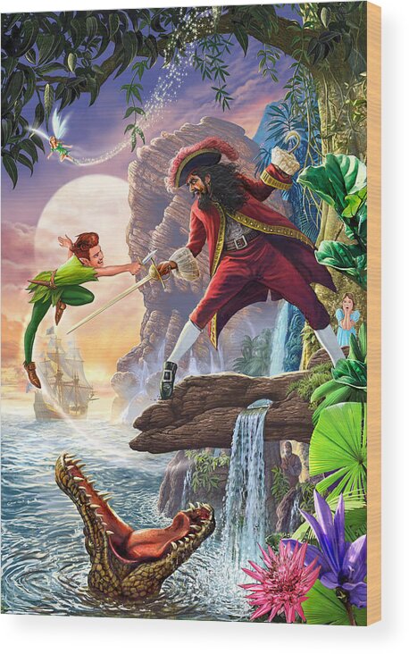 Peter Pan Wood Print featuring the painting Peter Pan and Captain Hook by MGL Meiklejohn Graphics Licensing