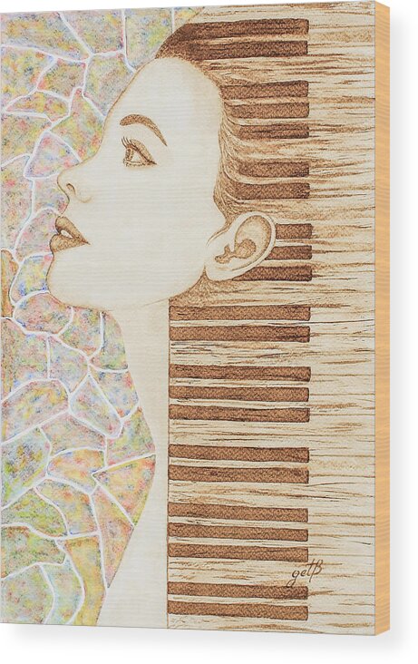 Woman Face Wood Print featuring the painting Piano Spirit Original Coffee and Watercolors Series by Georgeta Blanaru