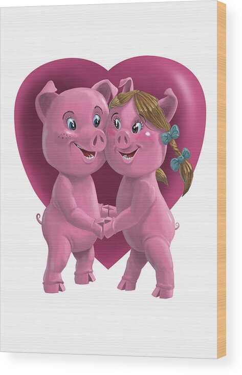 Love Wood Print featuring the painting Pigs In Love by Martin Davey