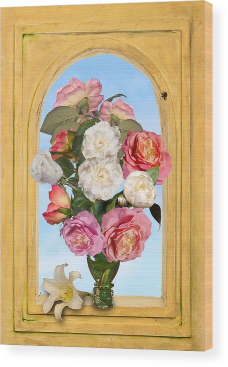 Flower Bouquet Wood Print featuring the photograph Pink Roses and White Peonis in Roemer in Open Niche by Levin Rodriguez