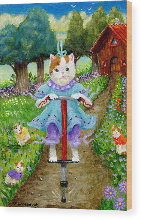 Kitty Wood Print featuring the painting Pogo Stick Kitty by Jacquelin L Westerman