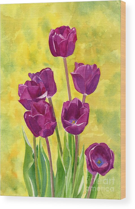 Contemporary Watercolor Wood Print featuring the painting Purple Tulips Yellow Textured Background by Sharon Freeman